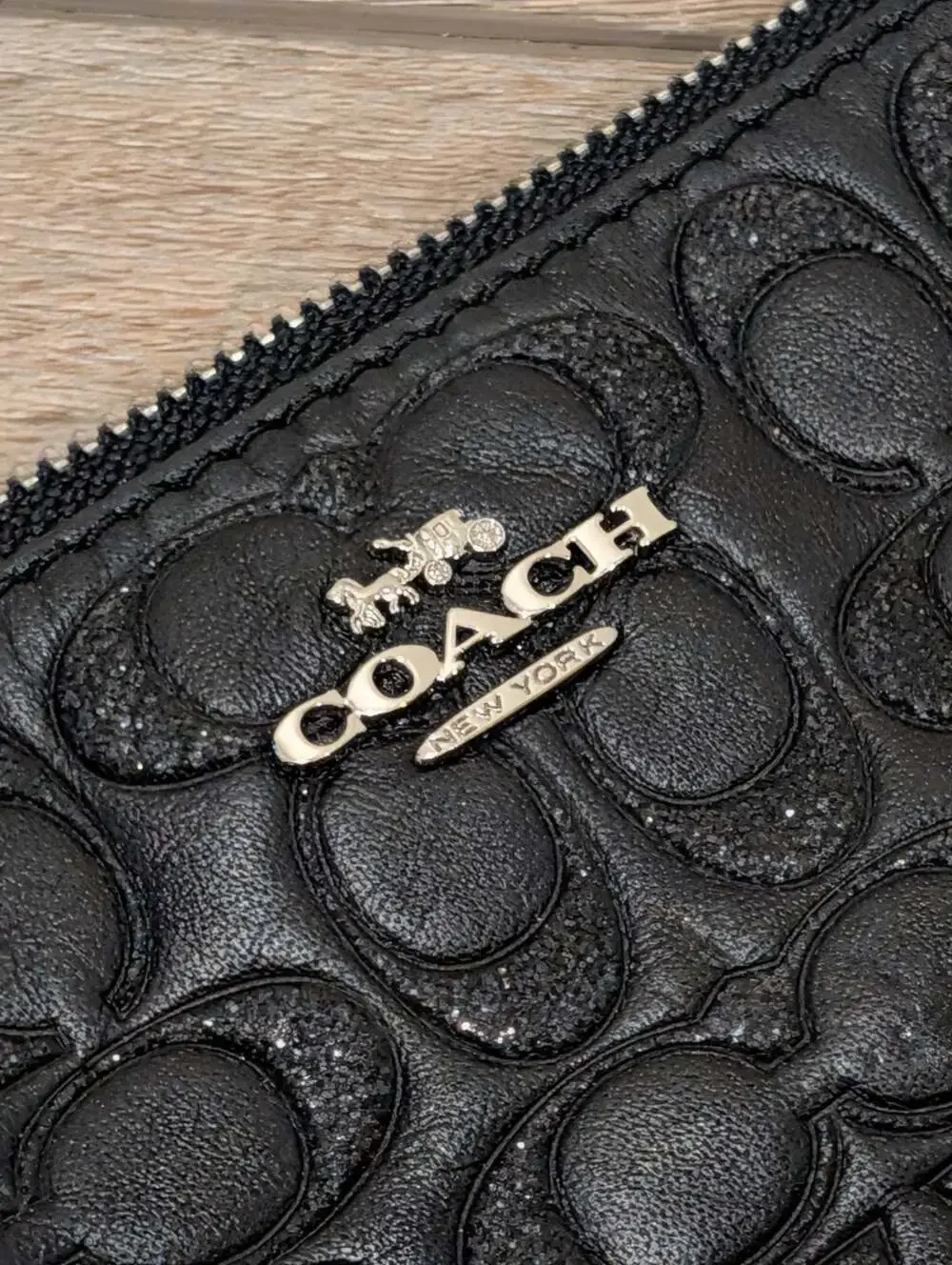 Coach Signature Shimmer Glitter Black Leather Corner Zip Wristlet